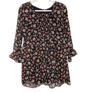 Free People Floral Smocked Mini Dress‎ Black Ruffle Sleeve 6 Boho Romantic